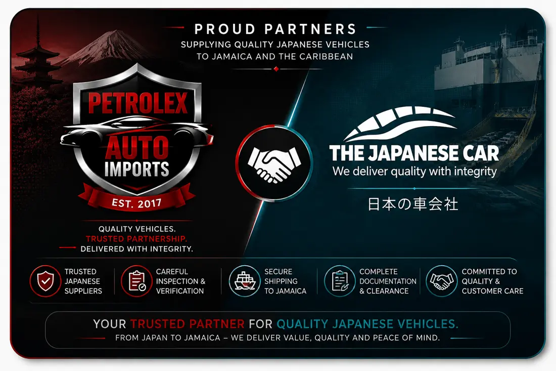 Proud partners card: the Petrolex Auto Imports Limited shield beside The Japanese Car Company logo and its line “We deliver quality with integrity”, above the partnership commitments — trusted Japanese suppliers, careful inspection and verification, secure shipping to Jamaica, complete documentation and clearance, and commitment to quality and customer care