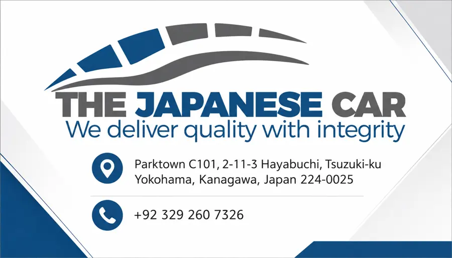 The Japanese Car Company business card, showing the company logo, the line “We deliver quality with integrity”, its Yokohama address and its telephone number